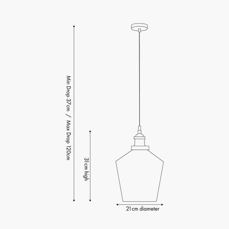 Line drawing of the Emmanuelle pendant light showing a tapered glass shade with antique silver fitting, cable length and 21cm diameter dimensions.