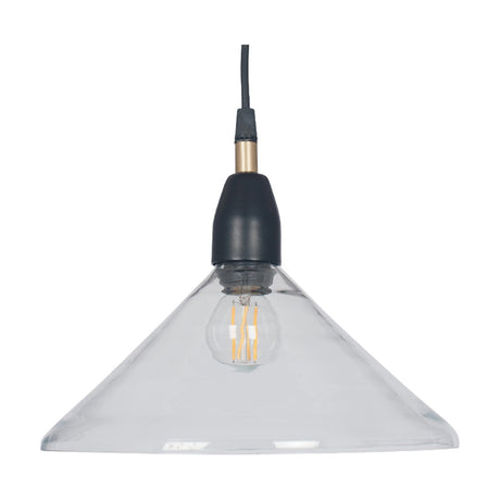Canton Matt Black Brass & Glass Cone Pendant Light, 25cm, with a clear glass cone shade, matt black fitting and brass detail, exposed bulb, on a plain white background.