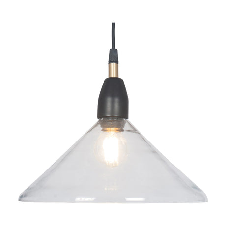 Canton Matt Black Brass & Glass Cone Pendant Light, 25cm wide clear glass cone shade with matt black fitting and brass detail, lit bulb visible, on a plain white background.
