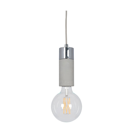 Frowick pendant light with a brushed chrome and concrete cylindrical fitting, grey cord, and exposed globe filament bulb, shown on a plain white background.