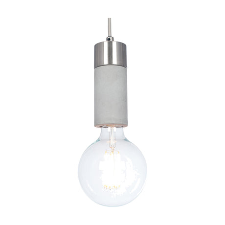 Frowick pendant light with brushed chrome cylindrical fitting and grey concrete body, holding a clear round bulb, shown on a plain white background.