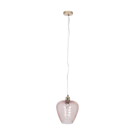 Almada Textured Rose Glass Pendant Light, 23cm, with a dimpled tapered glass shade in rose pink, brass-tone fitting, and long cable on a plain white background.