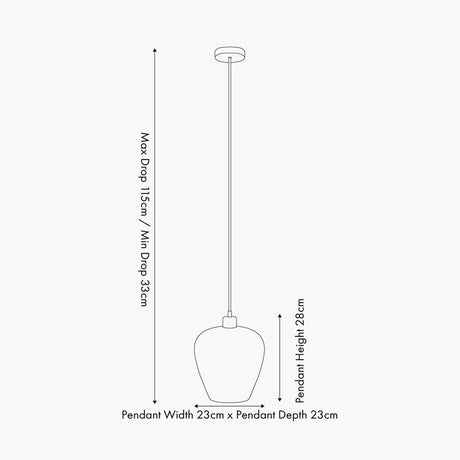 Line drawing of the Almada Textured Rose Glass Pendant Light showing dimensions: 23cm width and depth, 28cm pendant height, adjustable drop 33-115cm.