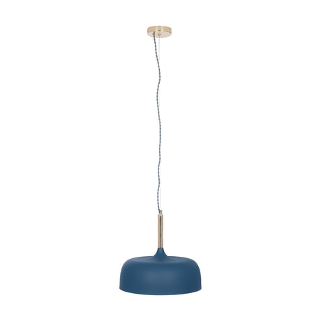 Anke Matt Indigo Domed Iron Pendant Light, 32cm, with a domed metal shade in matt indigo, brass-tone gallery and cable, shown on a plain white background.