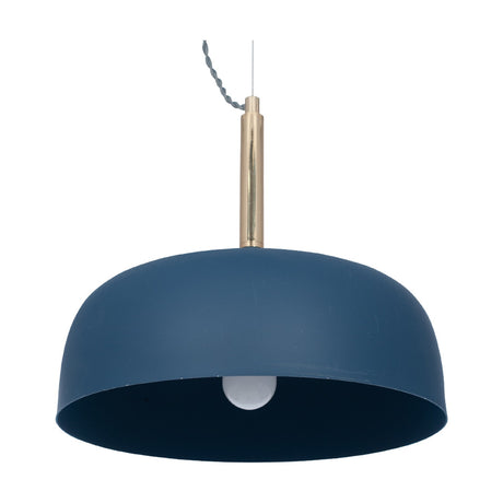 Anke Matt Indigo Domed Iron Pendant Light, 32cm, with a wide dome shade in matt indigo, brass-finish stem, and visible bulb, shown on a plain white background.