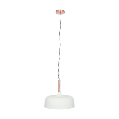 Anke Matt Cream Domed Iron Pendant Light, 32cm, with a rounded dome shade, copper-tone rod and ceiling rose, and twisted flex, shown on a plain white background.