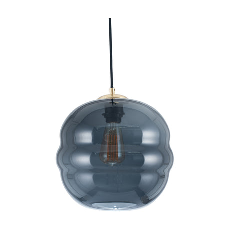 Vicenza Navy Ripple Glass Pendant Light, 29cm, with a ribbed globe shade in navy blue glass, brass ceiling fitting, and visible bulb, shown on a plain white background.