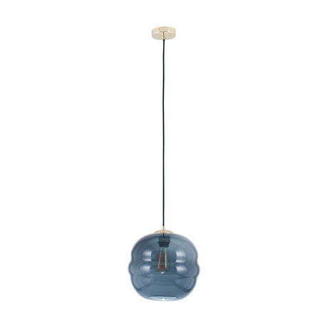Vicenza Navy Ripple Glass Pendant Light, 29cm, with a round ribbed navy glass shade on a brass ceiling rose and black cord, shown on a plain white background.