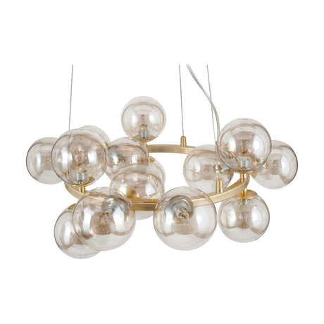 Vecchio Lustre pendant light with multiple clear glass globes on a circular gold metal frame, suspended on cables against a plain white background.