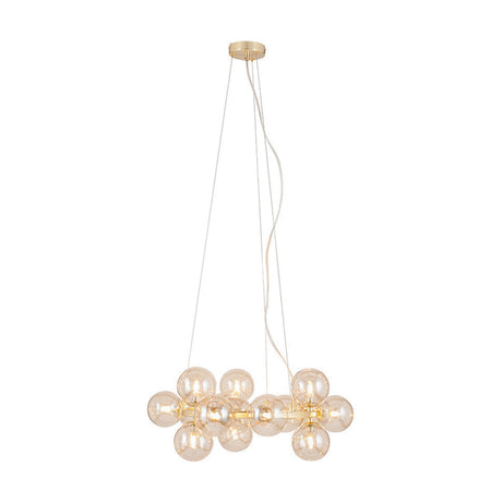 Vecchio Lustre pendant light with clustered amber glass globes on a gold iron frame, suspended from a round gold ceiling canopy on a white background.