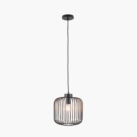 Dania Matt Black Iron Wire Pendant Light, 30cm wide cylindrical cage shade with visible bulb, hung from a black cord and ceiling rose against a plain white background.