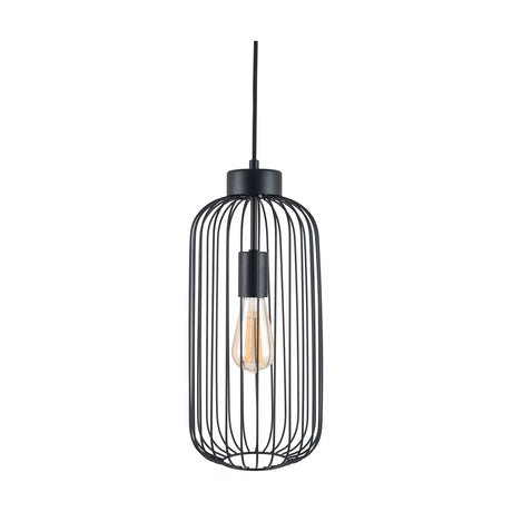 Dania Matt Black Iron Wire Tall Pendant Light with a cylindrical cage shade and exposed bulb, shown on a plain white background.