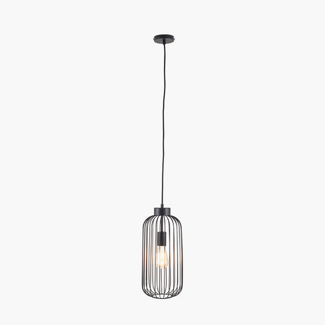 Dania Matt Black Iron Wire Tall Pendant Light, 19cm wide cage-style shade on a long cord with round ceiling rose, exposed bulb visible inside, shown on a plain white background.