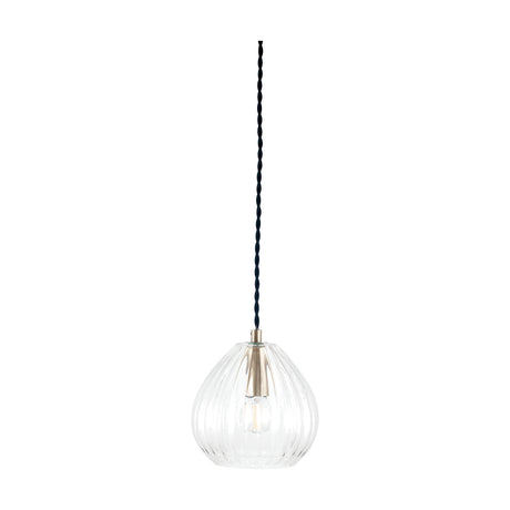 Ella Clear Ribbed Glass Teardrop Pendant Light, 16cm, with a brushed metal fitting on a black twisted cord, shown against a plain white background.
