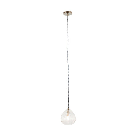 Ella Clear Ribbed Glass Teardrop Pendant Light, 16cm, with brushed brass ceiling rose and black twisted cord, shown on a plain white background.