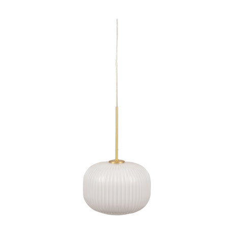Bella White Glass & Gold Iron Ribbed Squoval Pendant Light, 25cm, with a ribbed white glass shade and slim brass rod, shown on a plain white background.