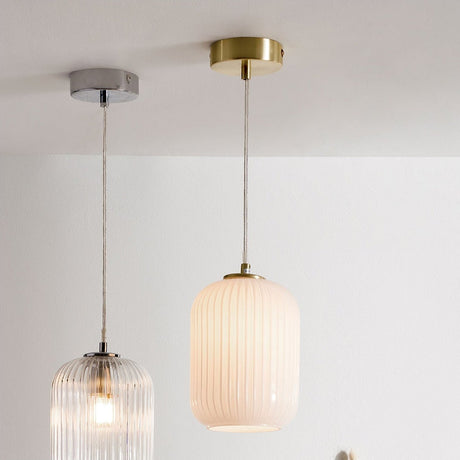Alessia White Glass & Gold Iron Ribbed Pendant Light - 15cm