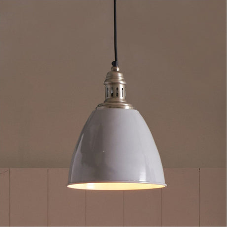 Piccolo Grey Metal Dome Pendant Shade Only Light, a glossy grey dome pendant with antique brass gallery and black cable, shown lit against a neutral wall.