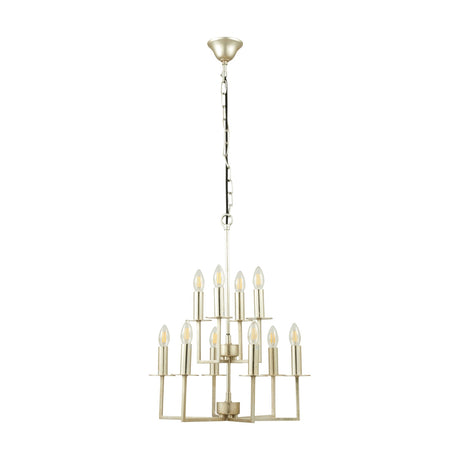 Giry pendant light with two-tier candle-style arms in antique silver metal, suspended on a long chain, shown against a plain white background.