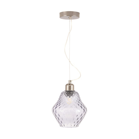 Lisbon Grey Optic Diamond Glass Pendant Light, 18cm, with a textured smoke-grey glass shade on a brushed metal ceiling rose and cord, shown on a plain white background.