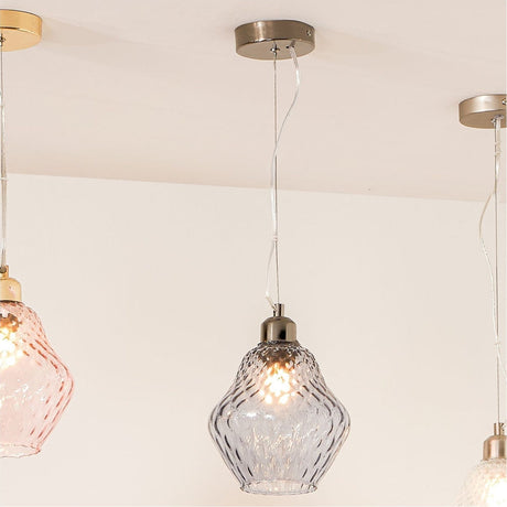 Lisbon Grey Optic Diamond Glass Pendant Light, 18cm, with a textured grey glass shade and nickel fitting, shown hanging from a ceiling rose with visible bulb.
