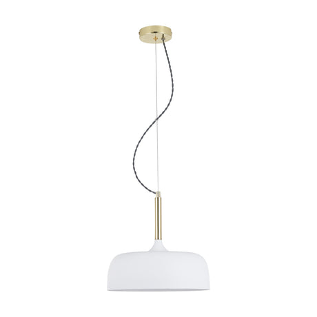 Anke Matt White Domed Iron Pendant Light, 32cm, with a wide domed shade, brass-toned fitting and cable, shown on a plain white background.