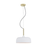 Anke Matt White Domed Iron Pendant Light, 32cm, with a brass ceiling rose and braided cord above the round white shade, shown on a plain white background.