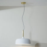 Anke Matt White Domed Iron Pendant Light, 32cm, with brass ceiling rose and stem, hanging in a plain room with white walls.