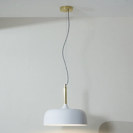 Anke Matt White Domed Iron Pendant Light, 32cm, with brass ceiling rose and stem, hanging in a plain room with white walls.