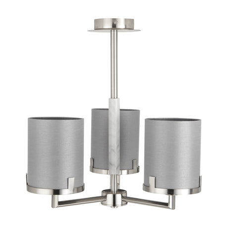 Midland 3-arm pendant light, 39cm, with brushed nickel frame, grey marble-effect centre column, and three cylindrical grey fabric shades, shown on a plain white background.