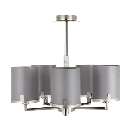 Midland 5-arm pendant light in brushed nickel with grey marble effect centre column and five grey cylindrical fabric shades, 47cm wide, on a plain white background.