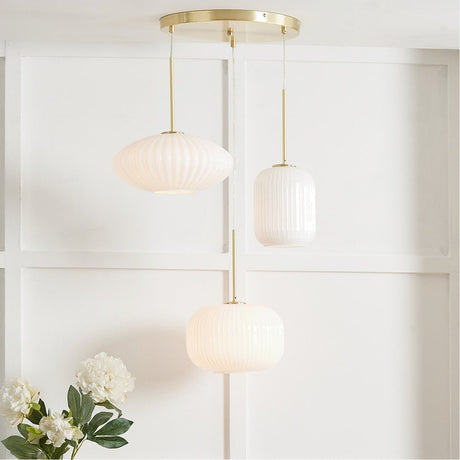 Alexa White Ribbed Glass & Gold Iron Multi Drop Pendant Light - 57cm