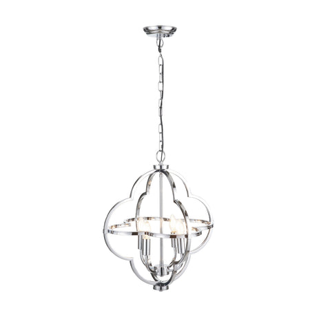 Amine Chrome 4 Light Fleur De Lys Pendant, 47cm, a chrome steel ceiling light with a quatrefoil frame and four exposed candle-style bulbs, hung from a chain on a plain white background.