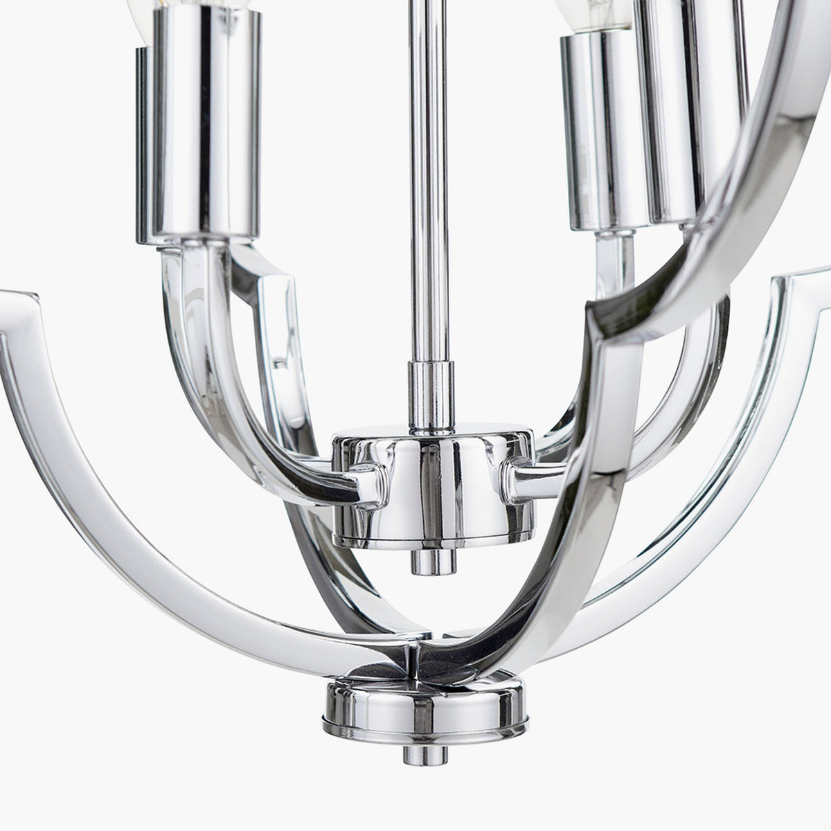 Close-up of the Amine Chrome 4 Light Fleur De Lys Pendant, showing curved steel arms and chrome finish converging at a central ceiling mount, set against a white background.