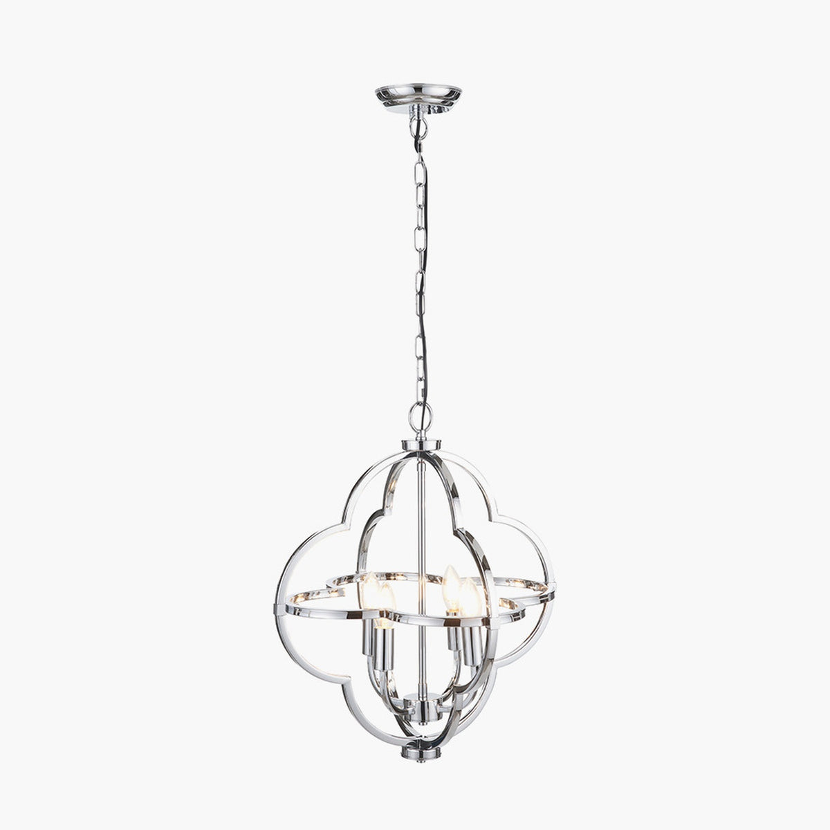 Amine Chrome 4 Light Fleur De Lys Pendant, 47cm wide, with a quatrefoil steel frame and four exposed candle bulbs, suspended from a chain, on a plain white background.