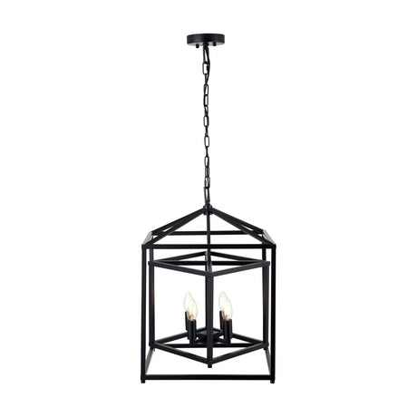 Anis Black Metal 4 Light Cube Pendant, a 40cm open cage-frame ceiling light with candle-style bulbs, hung from a chain on a plain white background.