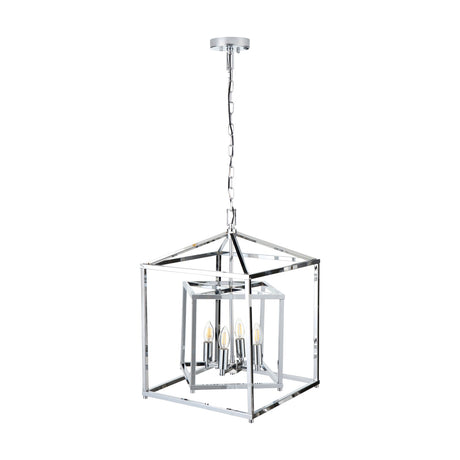 Anis Nickel 4 Light Cube Pendant - open cube-frame ceiling light in nickel finish with chain suspension and four exposed candle bulbs, shown on a plain white background.