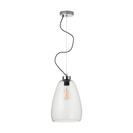 Beja Organic Shape Tall Clear Bubble Glass Pendant Light, 22cm, with chrome ceiling rose and fitting, black cable, and exposed bulb, shown on a plain white background.