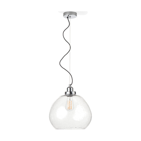 Beja Organic Shape Clear Bubble Glass Pendant Light (30cm) with chrome fitting and ceiling rose on a black cord, shown against a plain white background.
