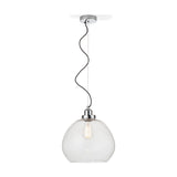 Beja Organic Shape pendant light with a round 30cm clear bubble glass shade on a chrome fitting and black cord, shown against a plain white background.