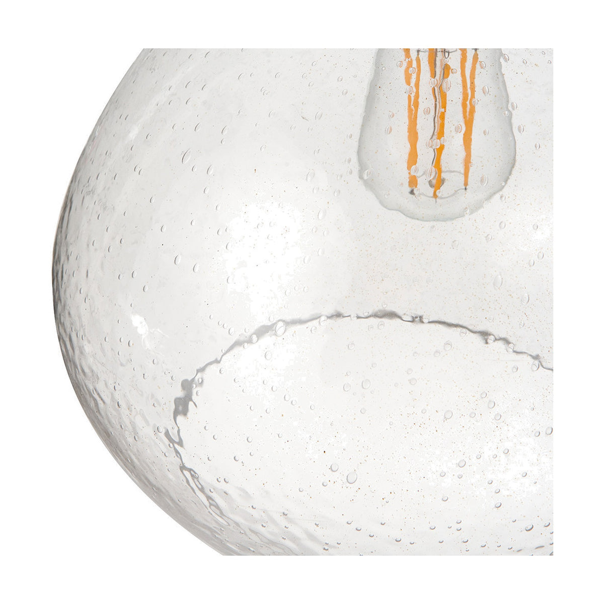 Close-up of the Beja Organic Shape Clear Bubble Glass Pendant Light, 30cm, showing textured bubbled clear glass and a visible bulb filament, on a plain white background.