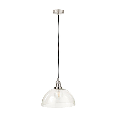 Cecilia dome pendant light with clear glass shade and antique silver metal fitting, hung from a black cord on a plain white background.