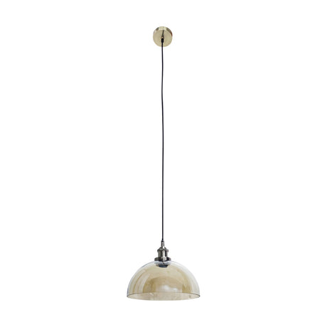 Cecilia pendant light with a 30cm lustre glass dome shade and antique silver iron fitting, hung from a black cord on a plain white background.