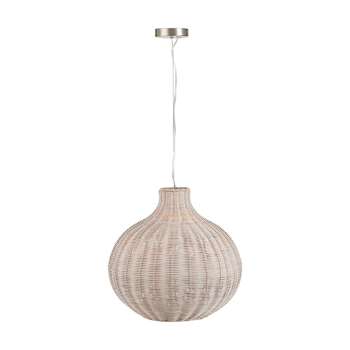 Allona Grey Wash Rattan Pendant Light, 40cm bulbous woven shade with ribbed texture on a chrome ceiling rose and white cord, shown on a plain white background.