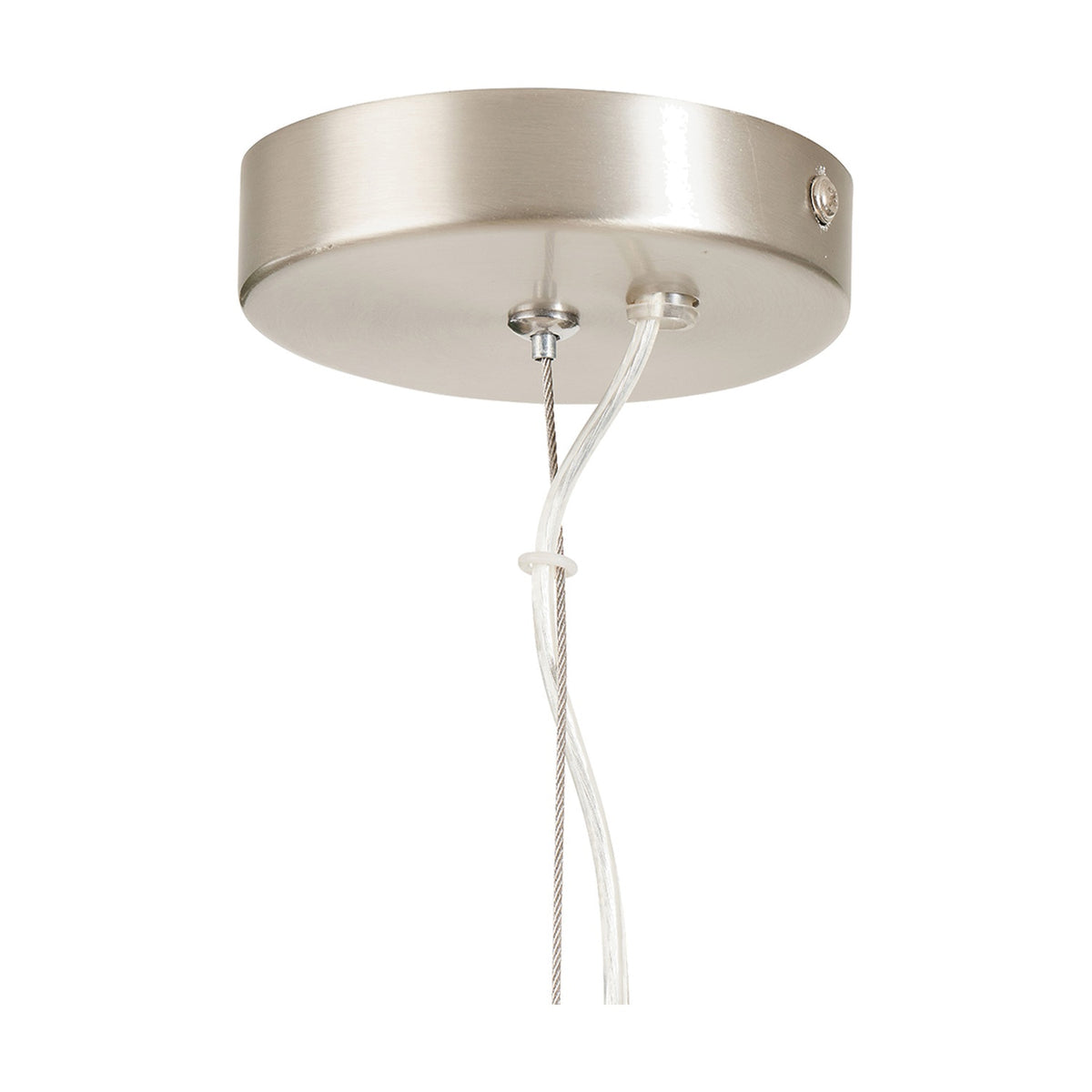 Allona Grey Wash Rattan Pendant Light – 40cm ceiling canopy in brushed nickel finish with visible suspension cable and cord, shown against a plain white background.