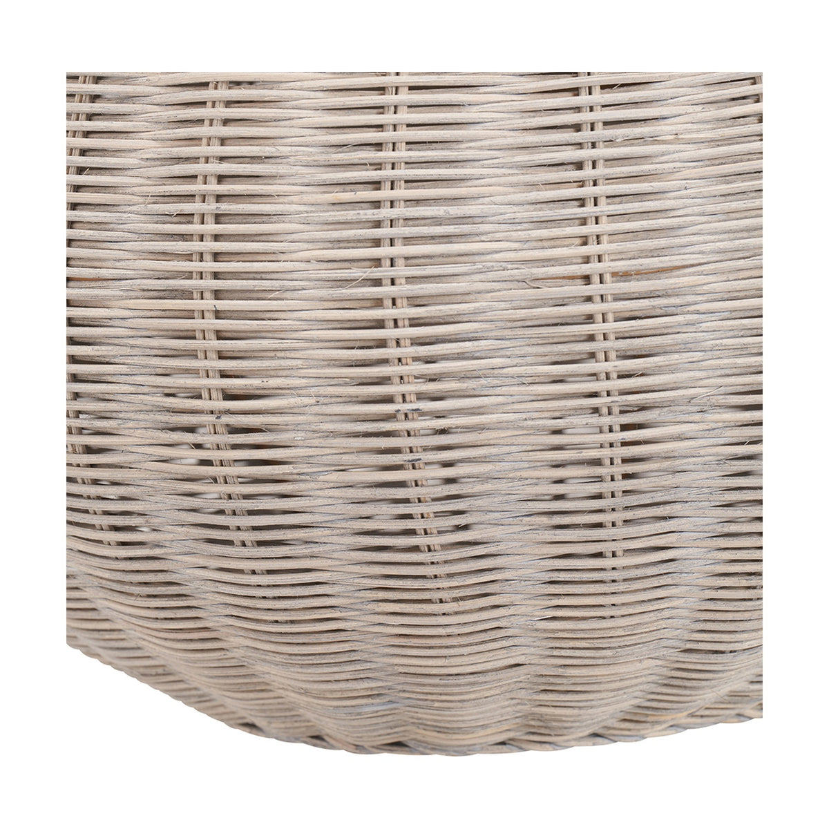 Close-up of the Allona Grey Wash Rattan Pendant Light, 40cm, showing tightly woven rattan strands in a natural grey-washed finish with a curved shade edge.
