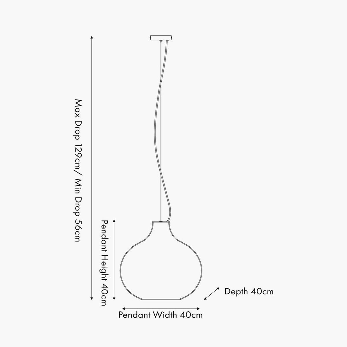 Technical line drawing of the Allona Grey Wash Rattan Pendant Light showing a round 40cm shade with ceiling canopy and cable, dimensions labelled for drop and depth.
