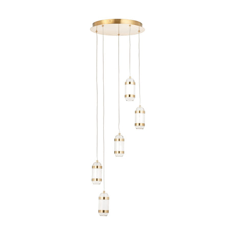 Alondra Gold Iron & White Glass LED Multi Drop Pendant Light, 33cm, with five white glass cylinder shades banded in gold on a round gold ceiling plate, shown on a plain white background.