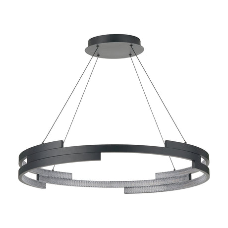 Sienna Black Iron LED Ring Pendant Light, 82cm, with a double-ring black metal frame, clear crystal-like inserts, and thin cables from a round ceiling plate.