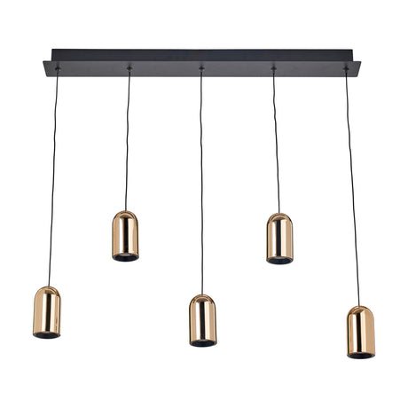 Xena black iron 5-drop LED pendant light, 81cm, with rose gold cylindrical shades hung at staggered lengths from a black linear ceiling bar, shown on a white background.